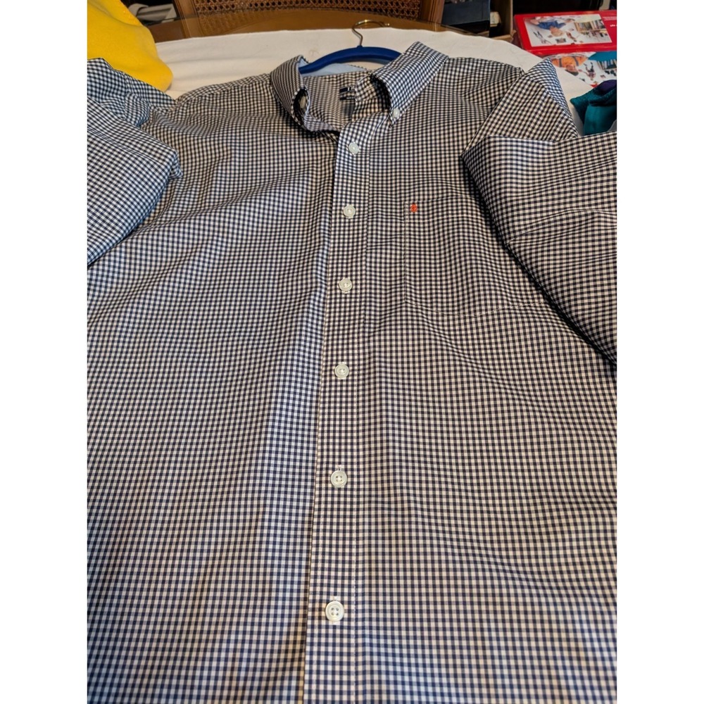 IZOD Mens 3XL Blue White Micro Check Long Sleeve Button Down Dress Shirt Logo